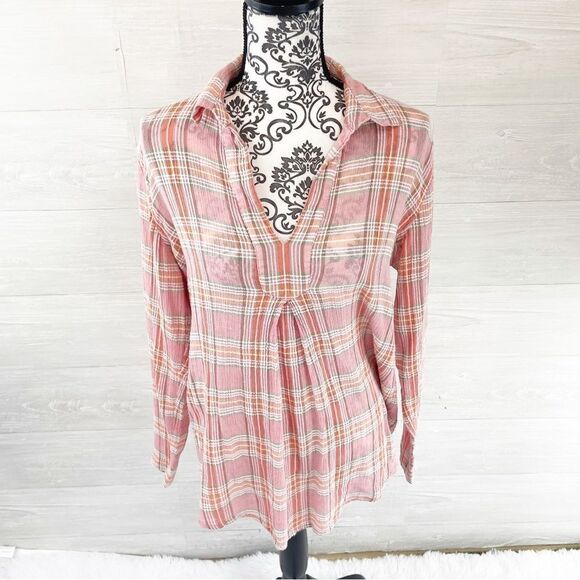 Sundance Plaid V-Neck Pleated Popover Top - Picture 2 of 7